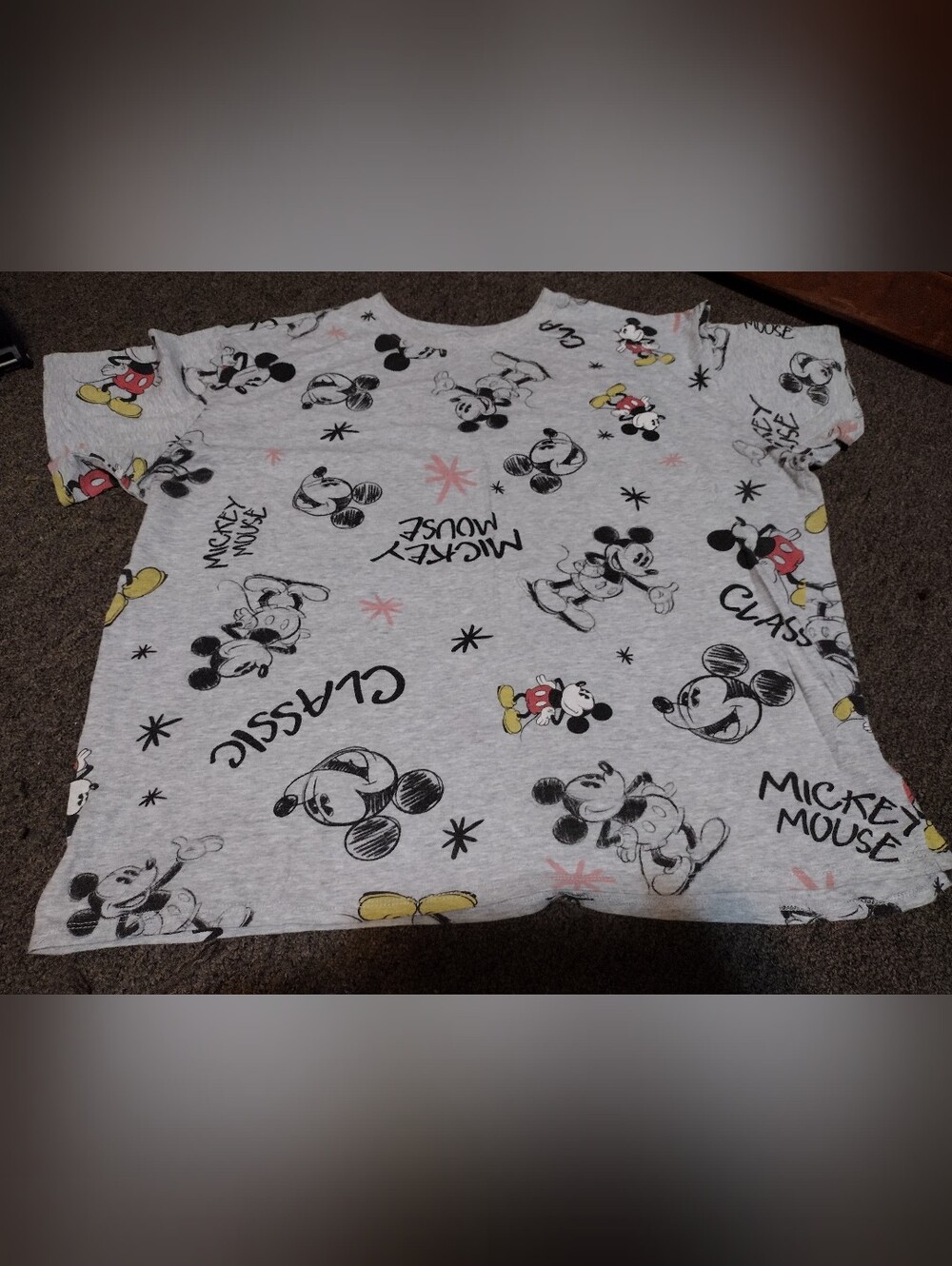 Disney Women's Gray Mickey Mouse Allover Print Tee with Yellow Accents Size 1X
